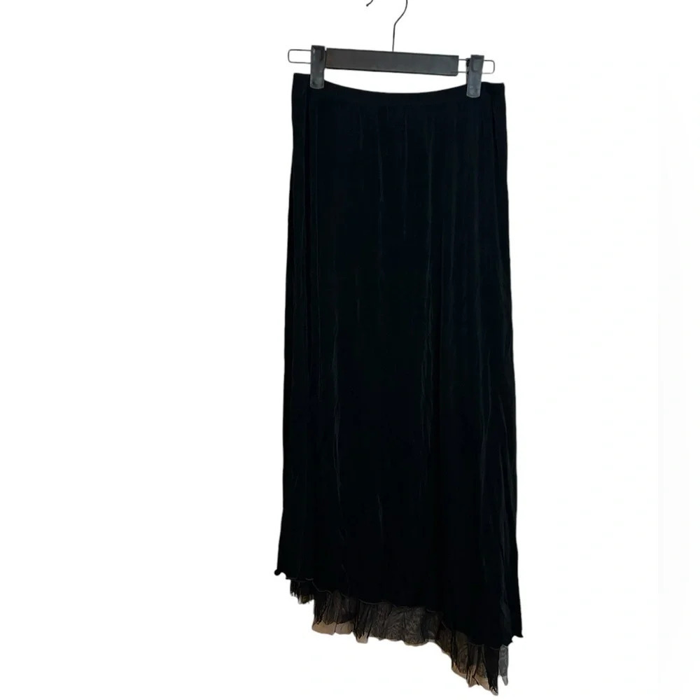 Chico’s Travelers Black Asymmetrical Mesh Trim Midi Skirt